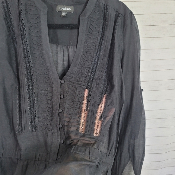 BEBE SHEER LONG SLEEVE BLACK SHIRT, SZ MEDIUM - Picture 5 of 10